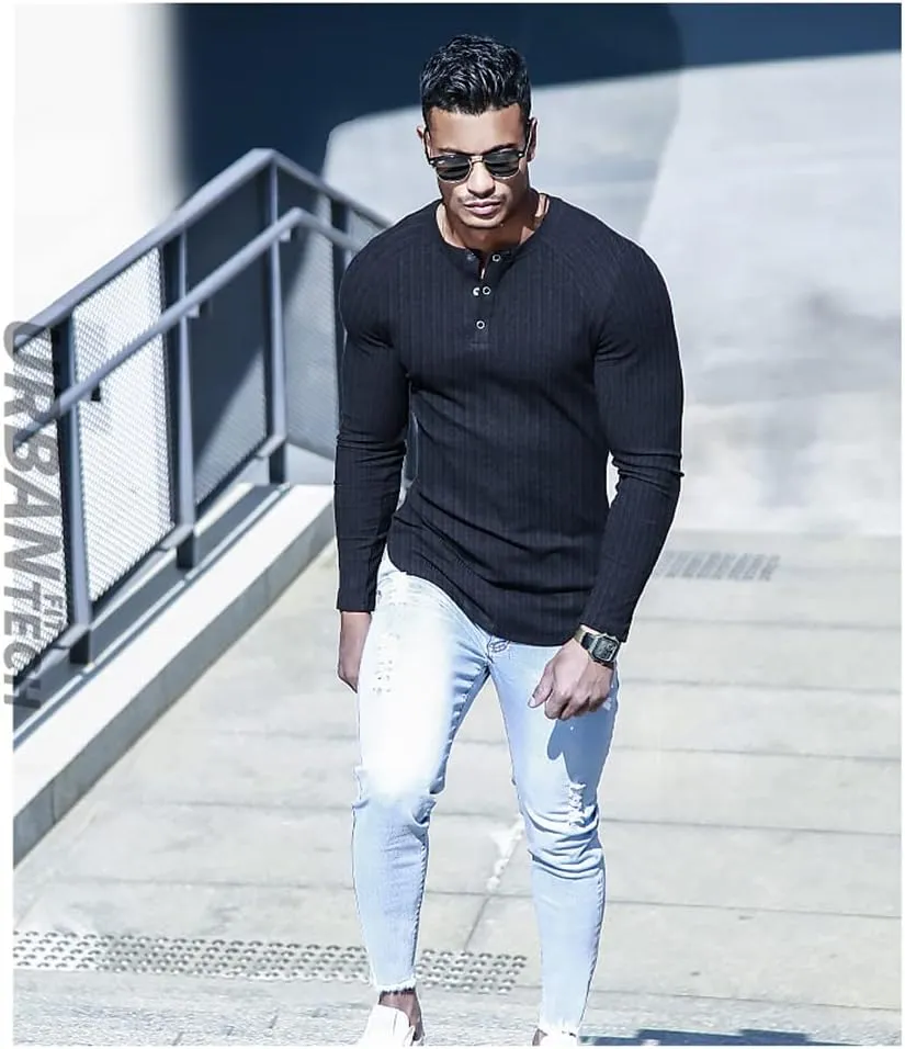 Muscle Cmdr Men's Ribbed Henley Shirt Slim Fit Muscle Shirt Fitted Cotton Short&Long Sleeve Casual T-Shirt