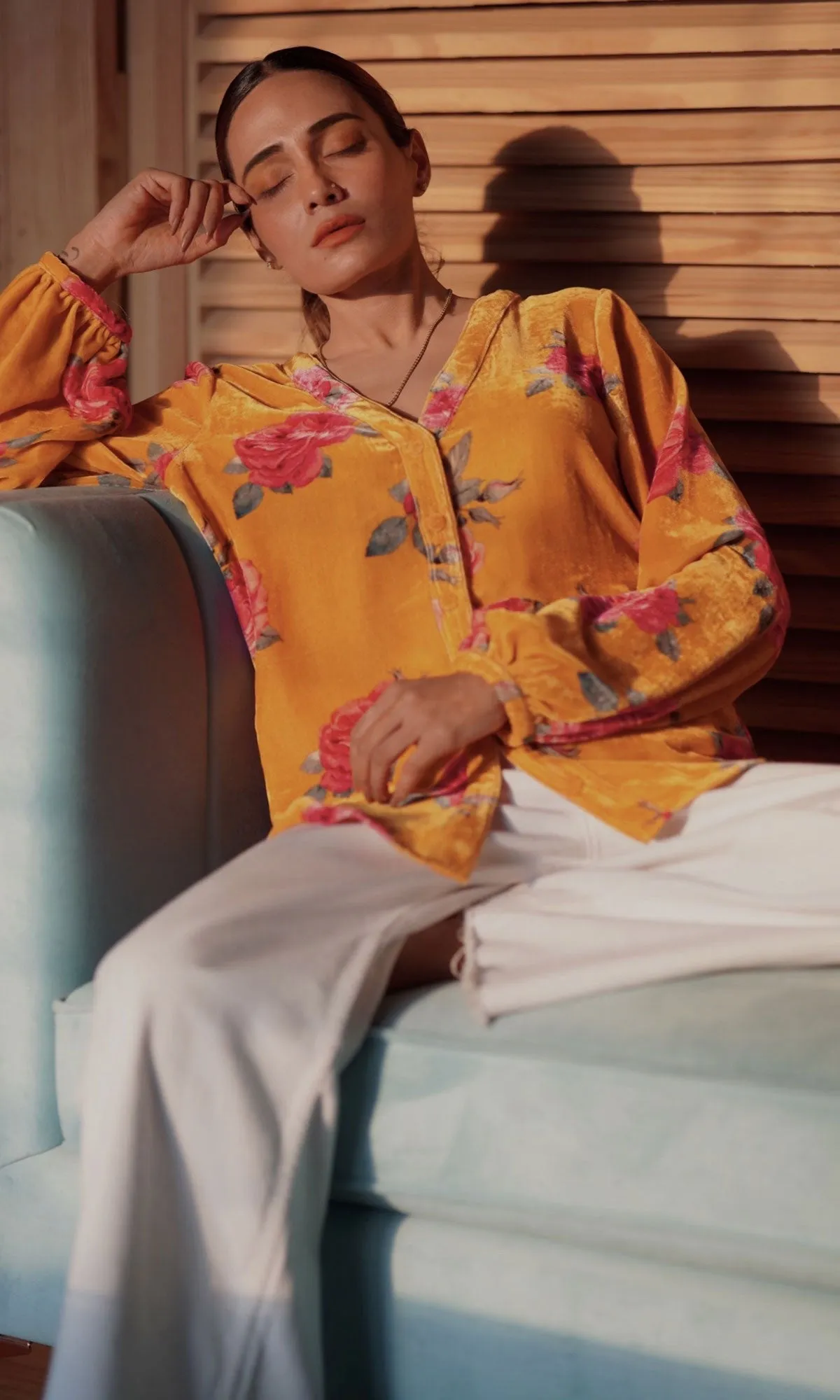 Mustard Floral Velvet Shirt