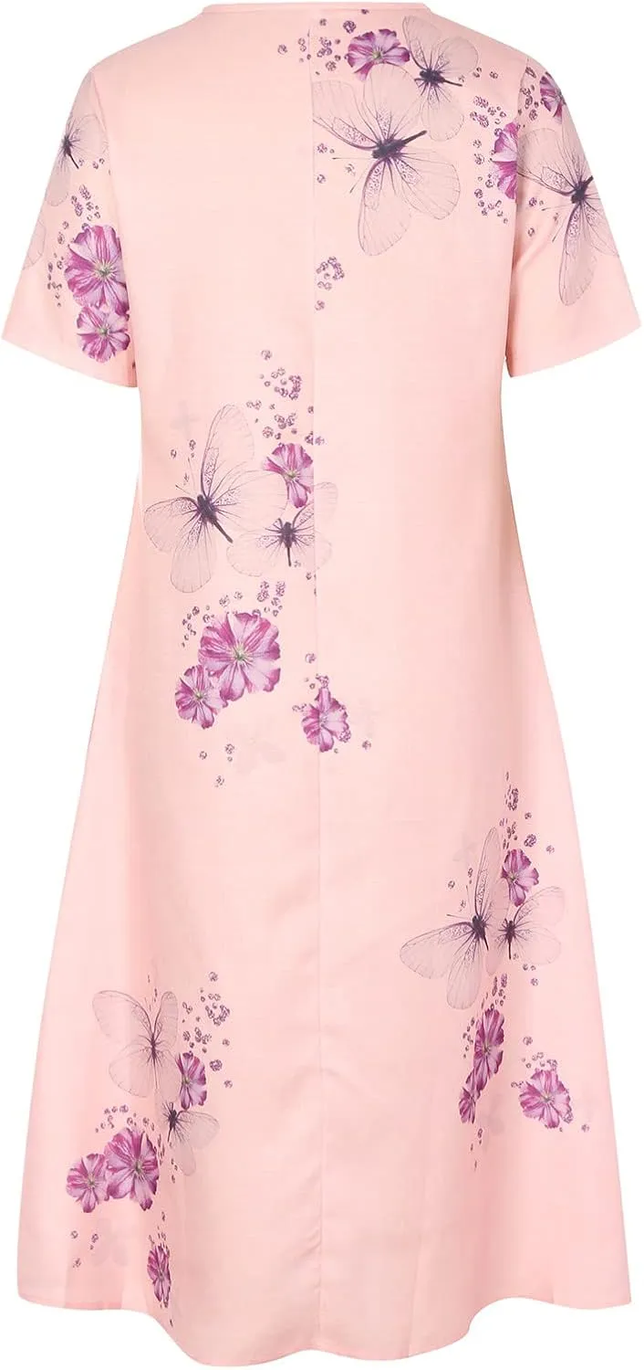 NaRHbrg Womens Summer Dress Casual Floral Print Midi Dress Button V Neck Short Sleeve Dresses Flowy Boho Beach Party Sundress