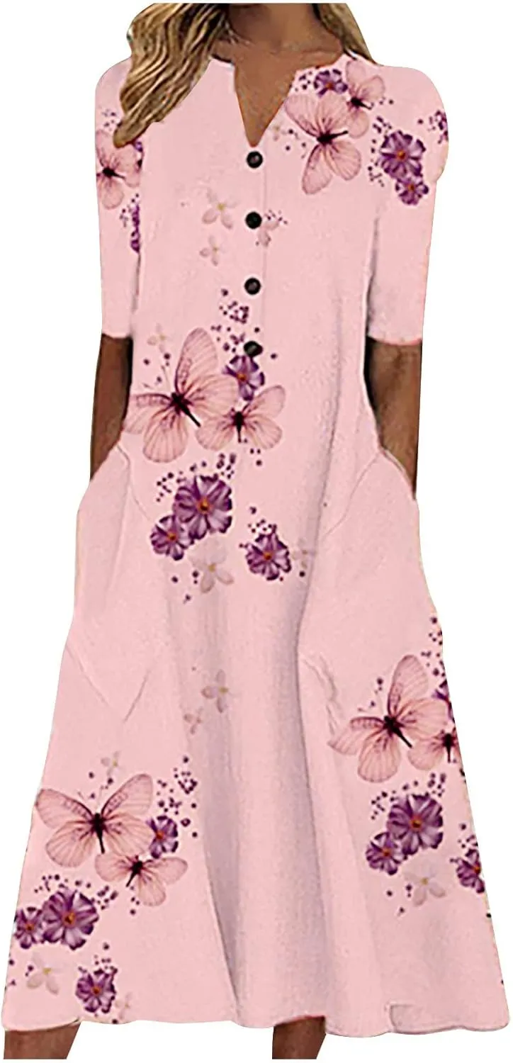 NaRHbrg Womens Summer Dress Casual Floral Print Midi Dress Button V Neck Short Sleeve Dresses Flowy Boho Beach Party Sundress