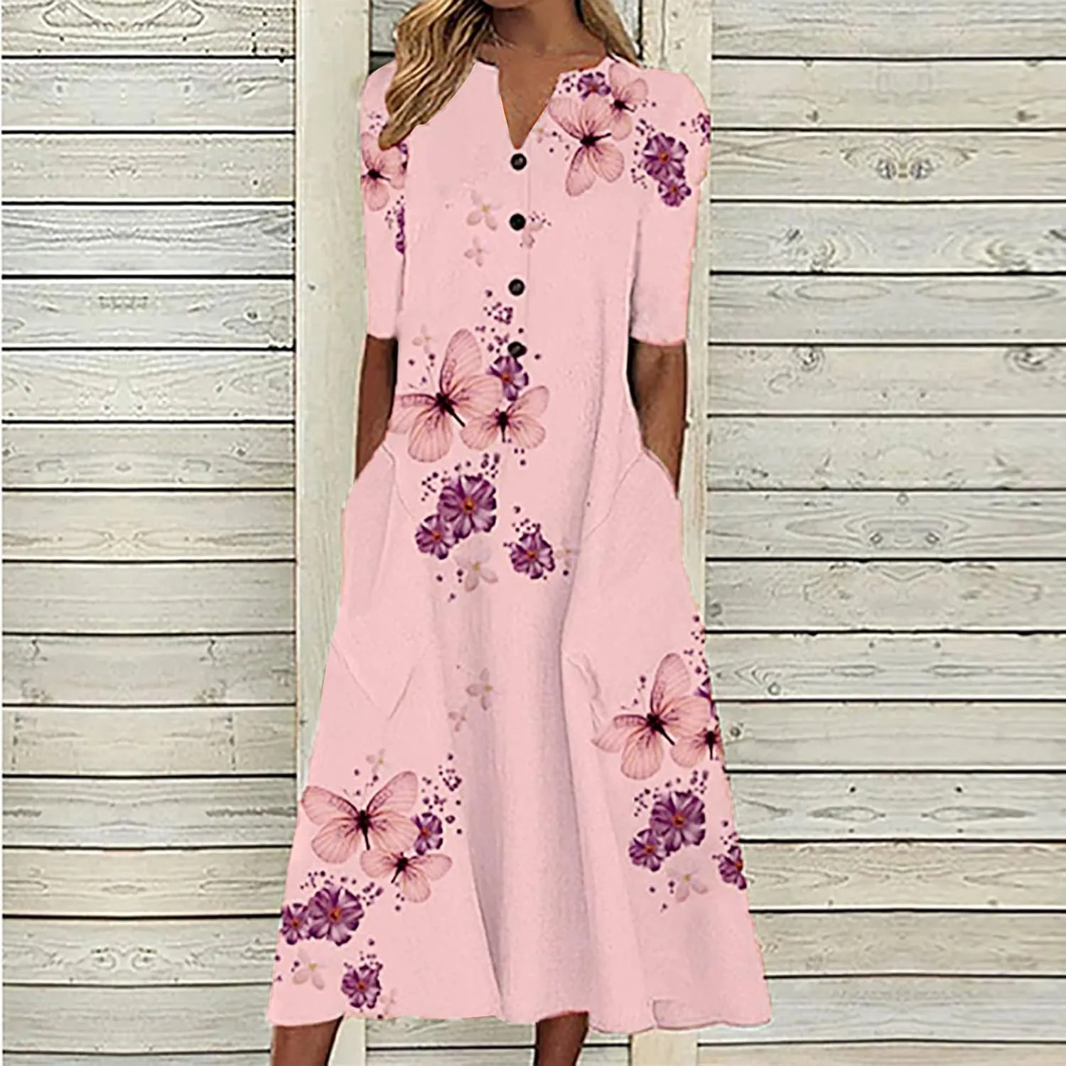 NaRHbrg Womens Summer Dress Casual Floral Print Midi Dress Button V Neck Short Sleeve Dresses Flowy Boho Beach Party Sundress