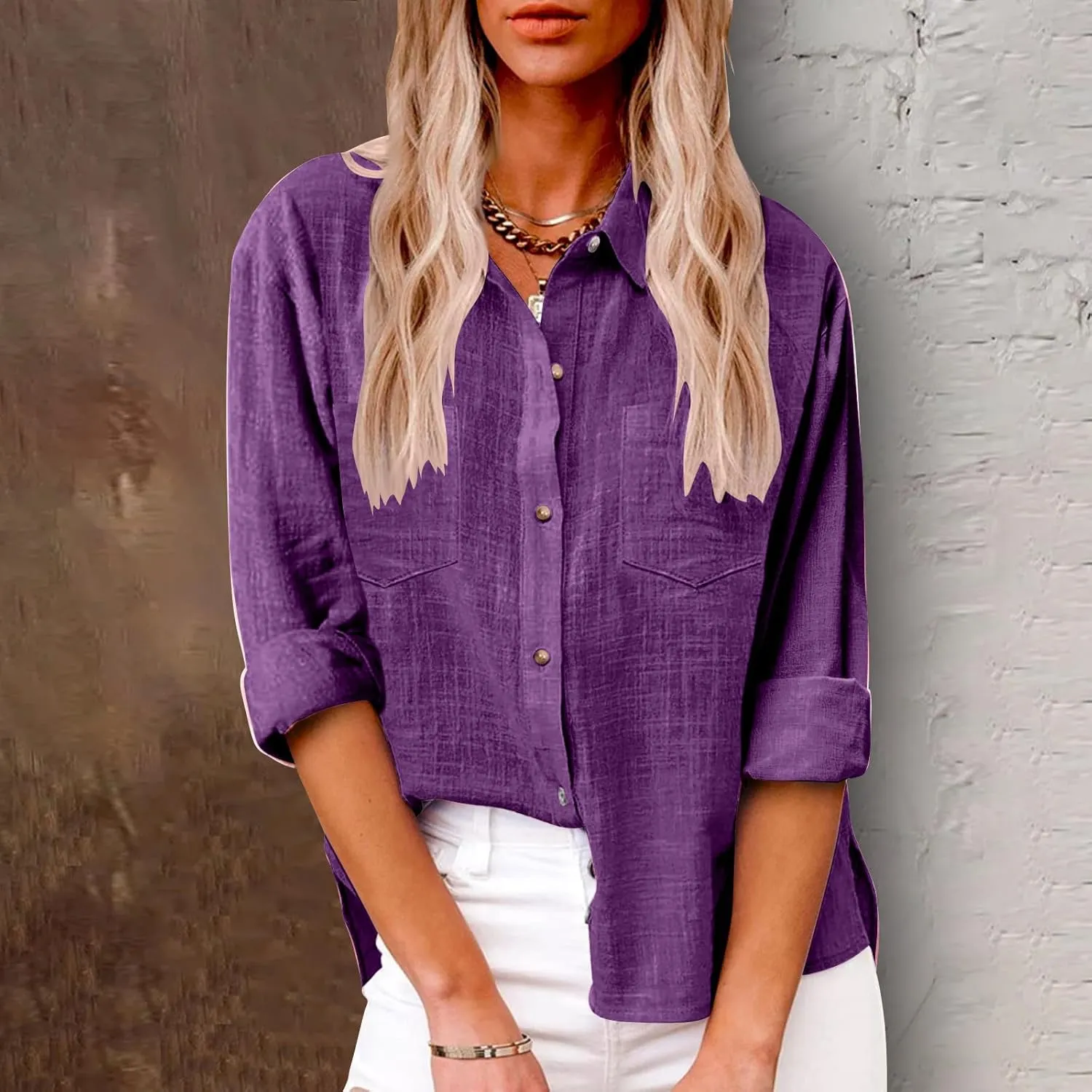Oversized Linen Shirts Women Button Down V Neck Long Sleeve Casual Summer Tops with Pockets Beach Blouses