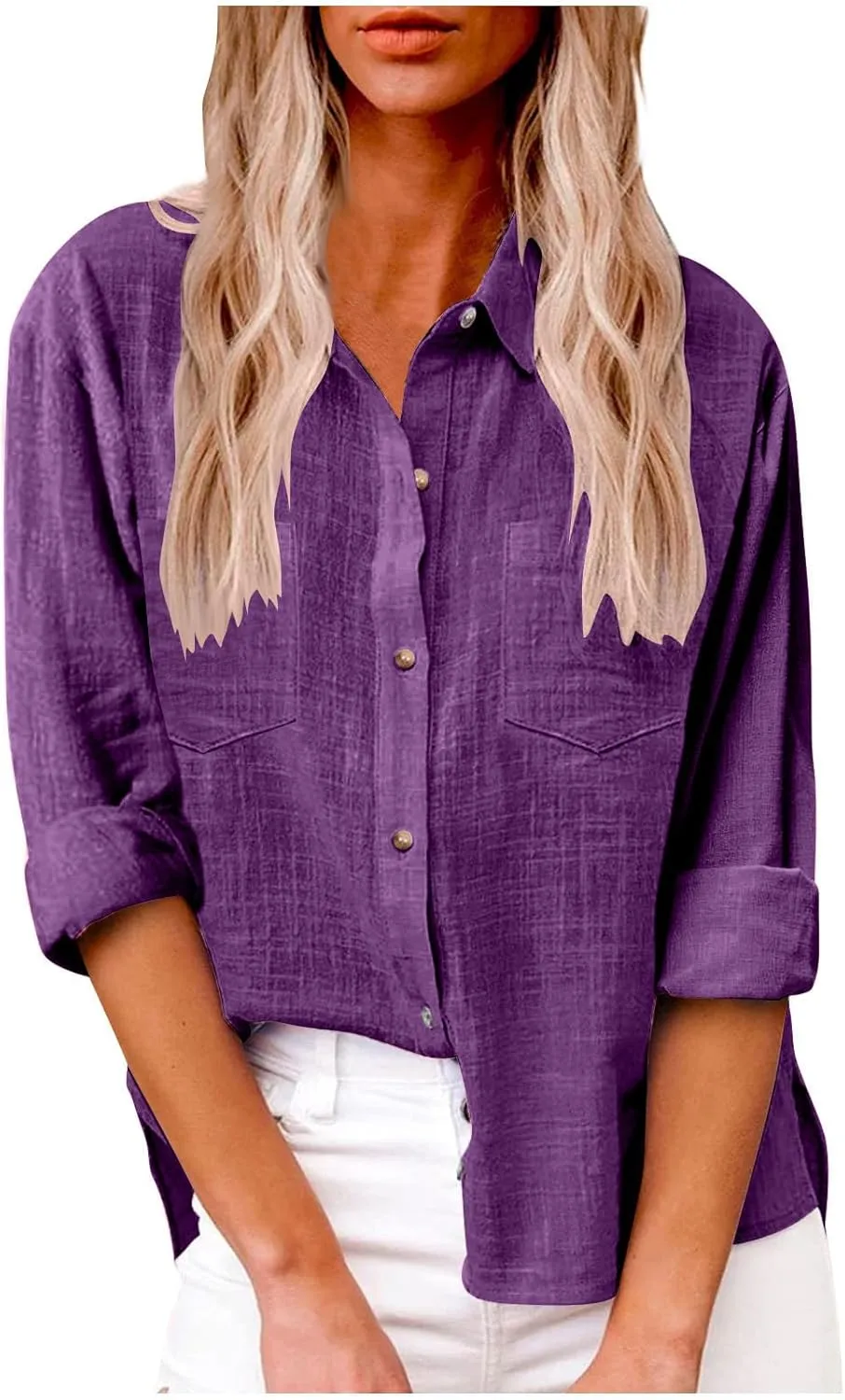 Oversized Linen Shirts Women Button Down V Neck Long Sleeve Casual Summer Tops with Pockets Beach Blouses