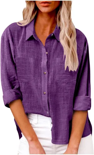 Oversized Linen Shirts Women Button Down V Neck Long Sleeve Casual Summer Tops with Pockets Beach Blouses