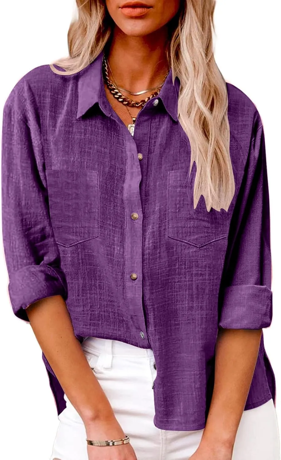 Oversized Linen Shirts Women Button Down V Neck Long Sleeve Casual Summer Tops with Pockets Beach Blouses
