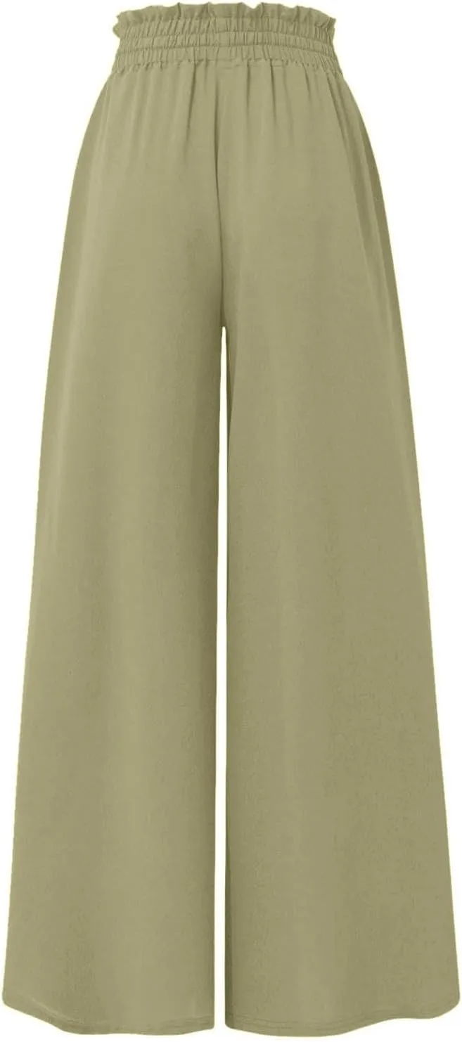 Palazzo Pants for Women Baggy Chiffon Skirt Pants Flowy Culottes Pants High Waisted Paper Bag Beach Pants with Pockets
