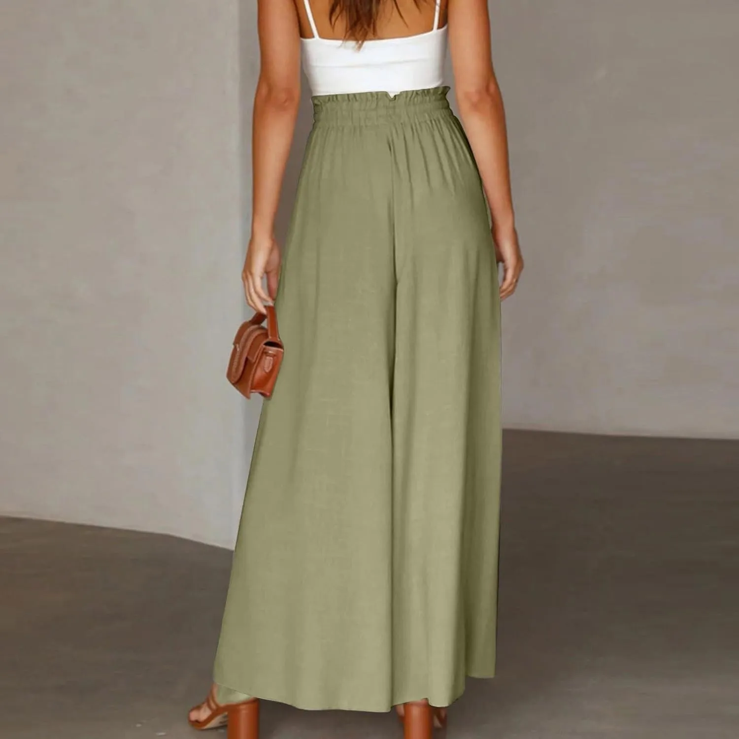 Palazzo Pants for Women Baggy Chiffon Skirt Pants Flowy Culottes Pants High Waisted Paper Bag Beach Pants with Pockets