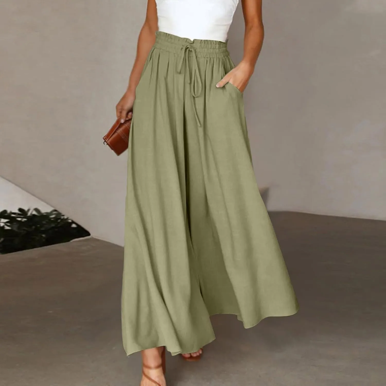 Palazzo Pants for Women Baggy Chiffon Skirt Pants Flowy Culottes Pants High Waisted Paper Bag Beach Pants with Pockets