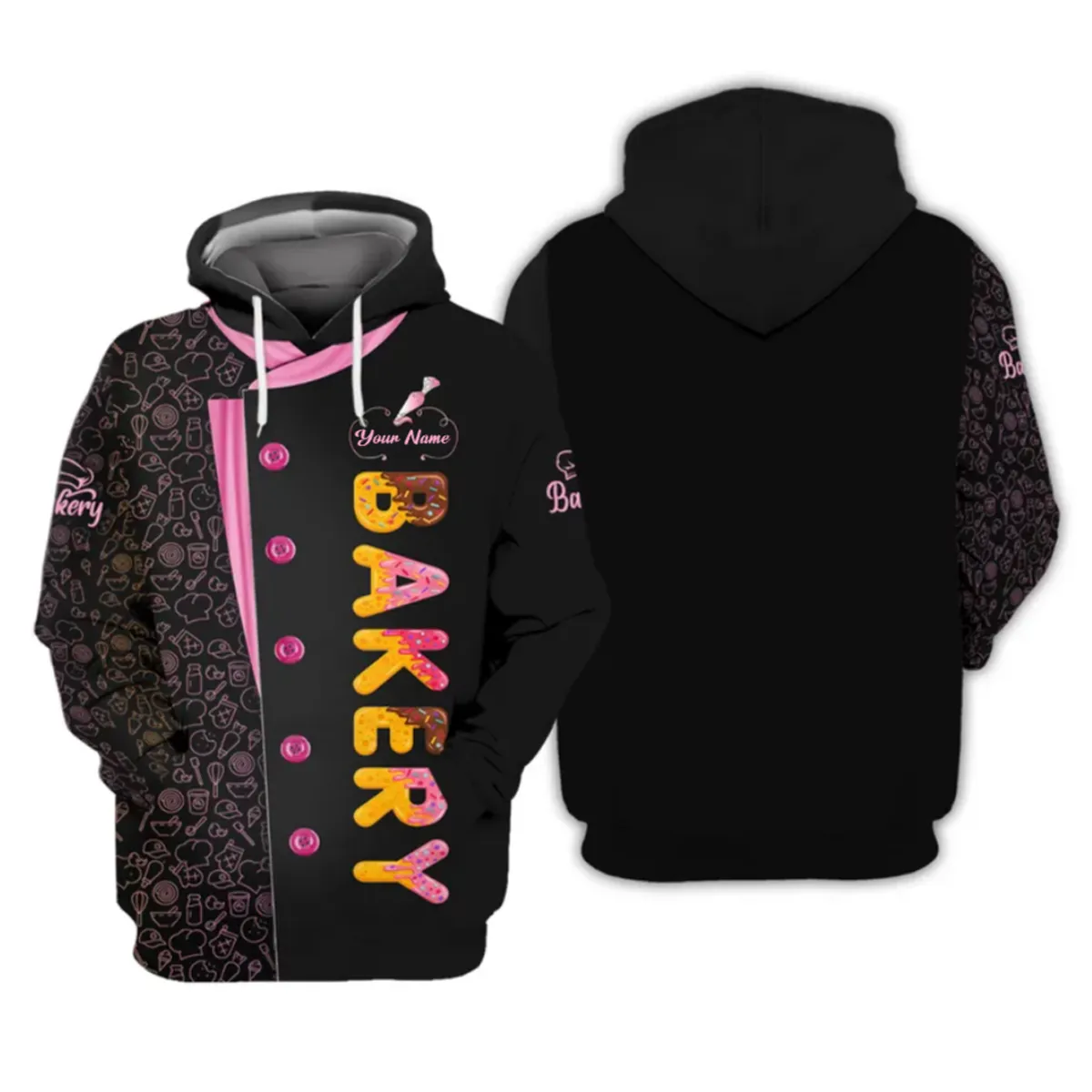 Personalized Name Baker Colorful Donut Lettering with Patisserie Pattern Trim 3D Sweatshirt Hoodie