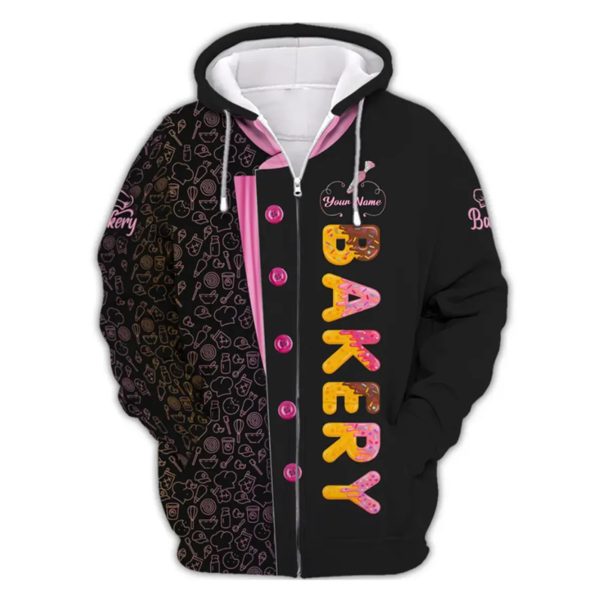 Personalized Name Baker Colorful Donut Lettering with Patisserie Pattern Trim 3D Sweatshirt Hoodie