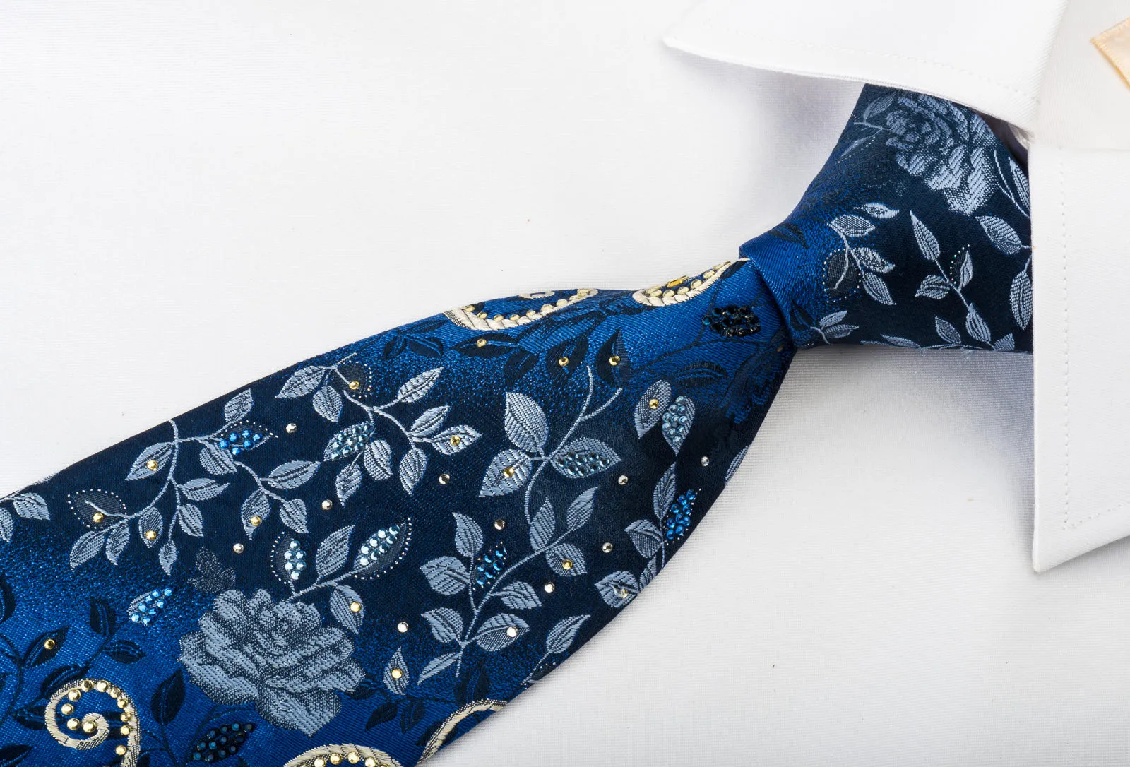 Pierre Cardin Rhinestone Silk Necktie Floral Roses On Blue With Silver Sparkles