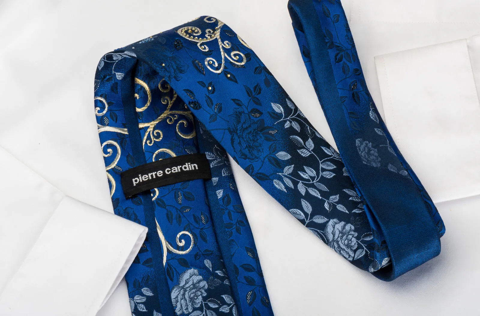 Pierre Cardin Rhinestone Silk Necktie Floral Roses On Blue With Silver Sparkles