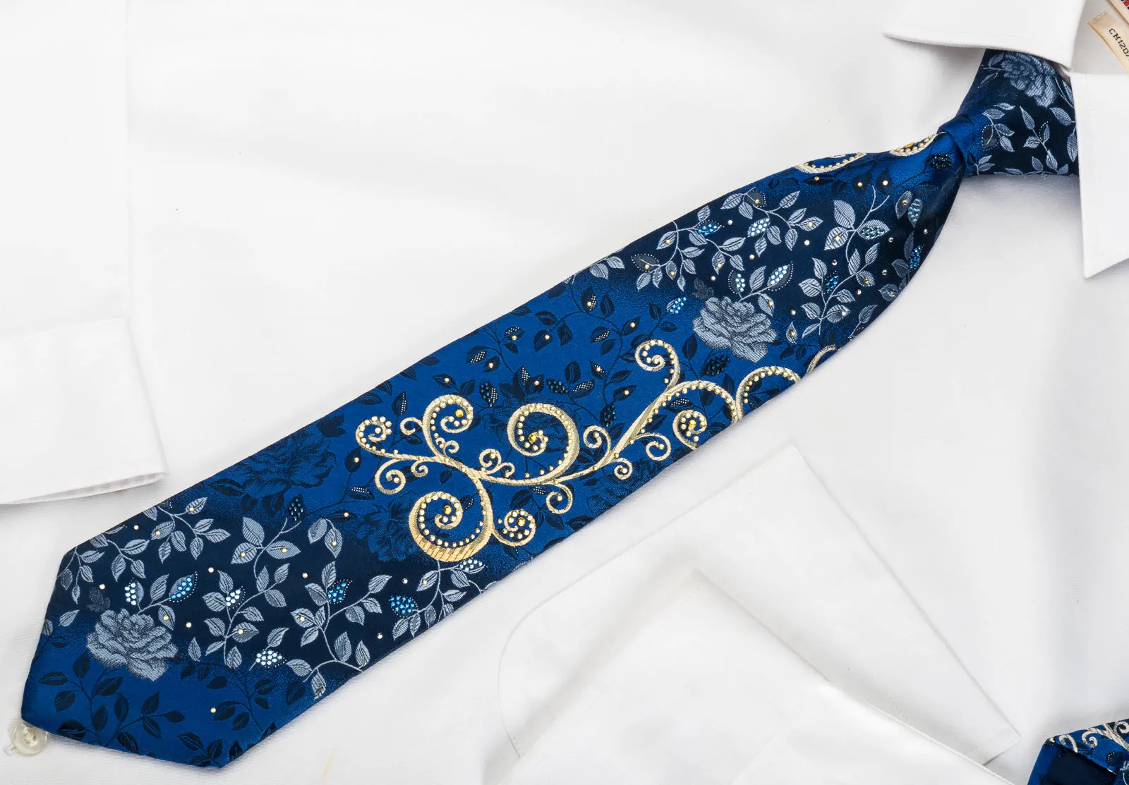 Pierre Cardin Rhinestone Silk Necktie Floral Roses On Blue With Silver Sparkles