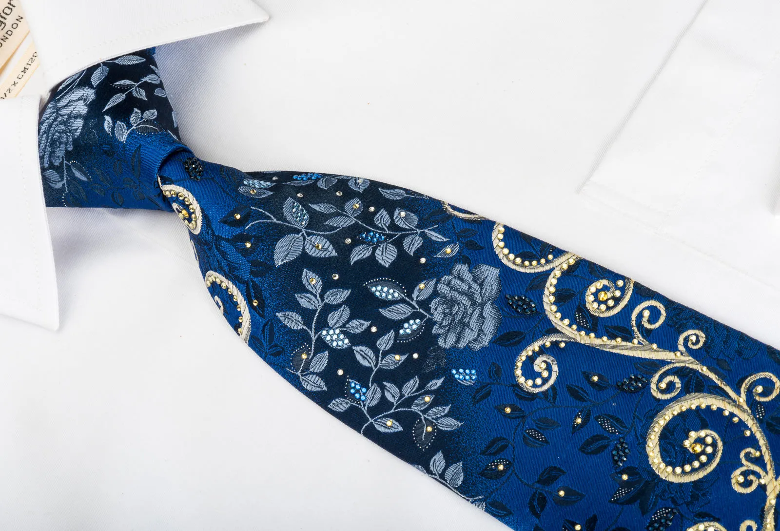 Pierre Cardin Rhinestone Silk Necktie Floral Roses On Blue With Silver Sparkles
