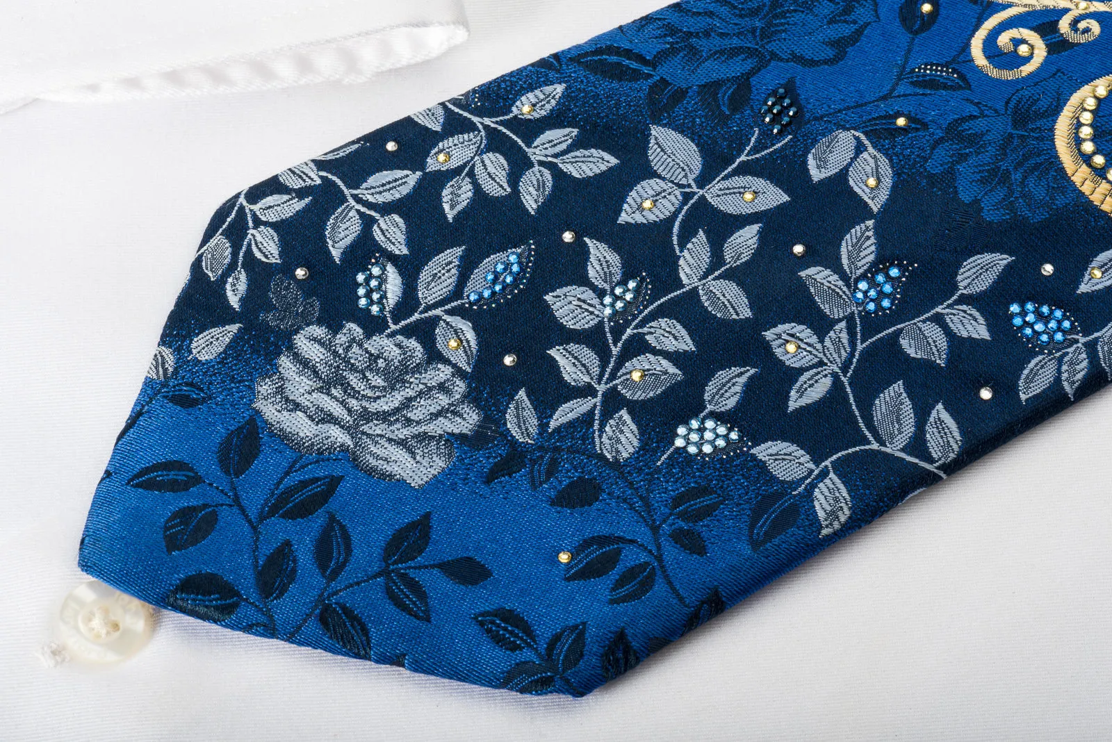 Pierre Cardin Rhinestone Silk Necktie Floral Roses On Blue With Silver Sparkles