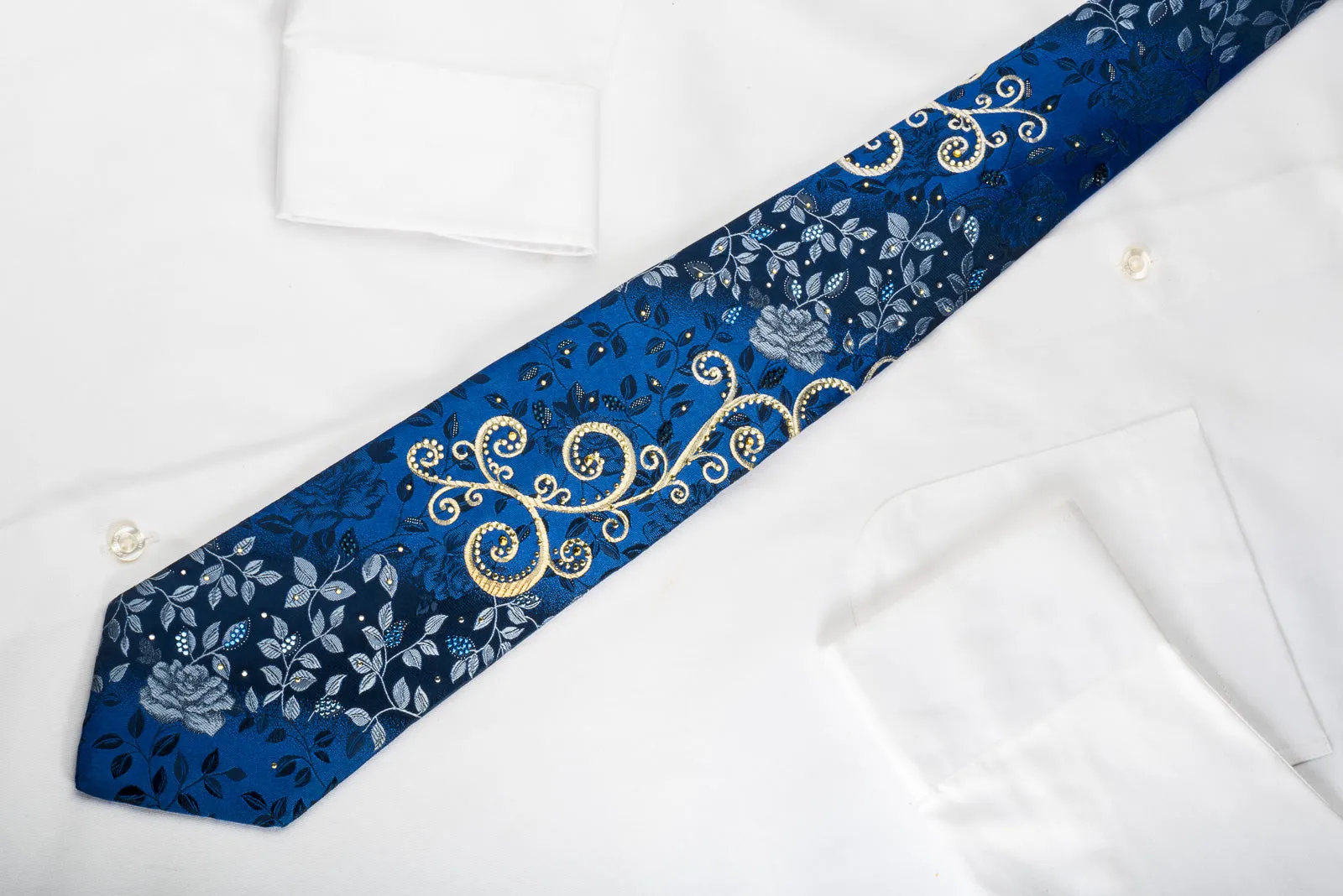 Pierre Cardin Rhinestone Silk Necktie Floral Roses On Blue With Silver Sparkles