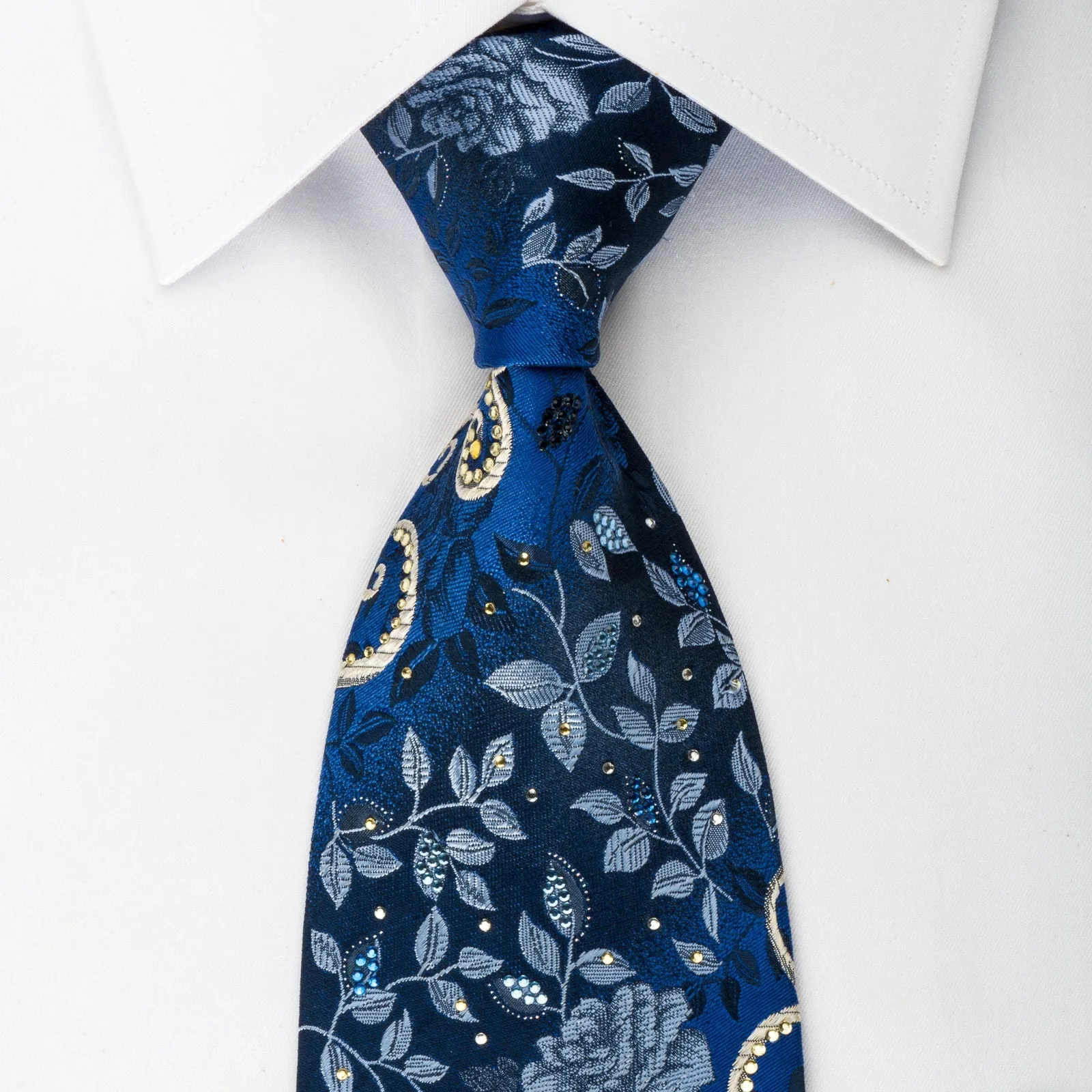 Pierre Cardin Rhinestone Silk Necktie Floral Roses On Blue With Silver Sparkles