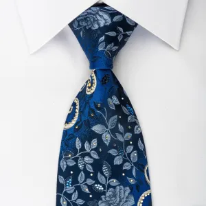 Pierre Cardin Rhinestone Silk Necktie Floral Roses On Blue With Silver Sparkles