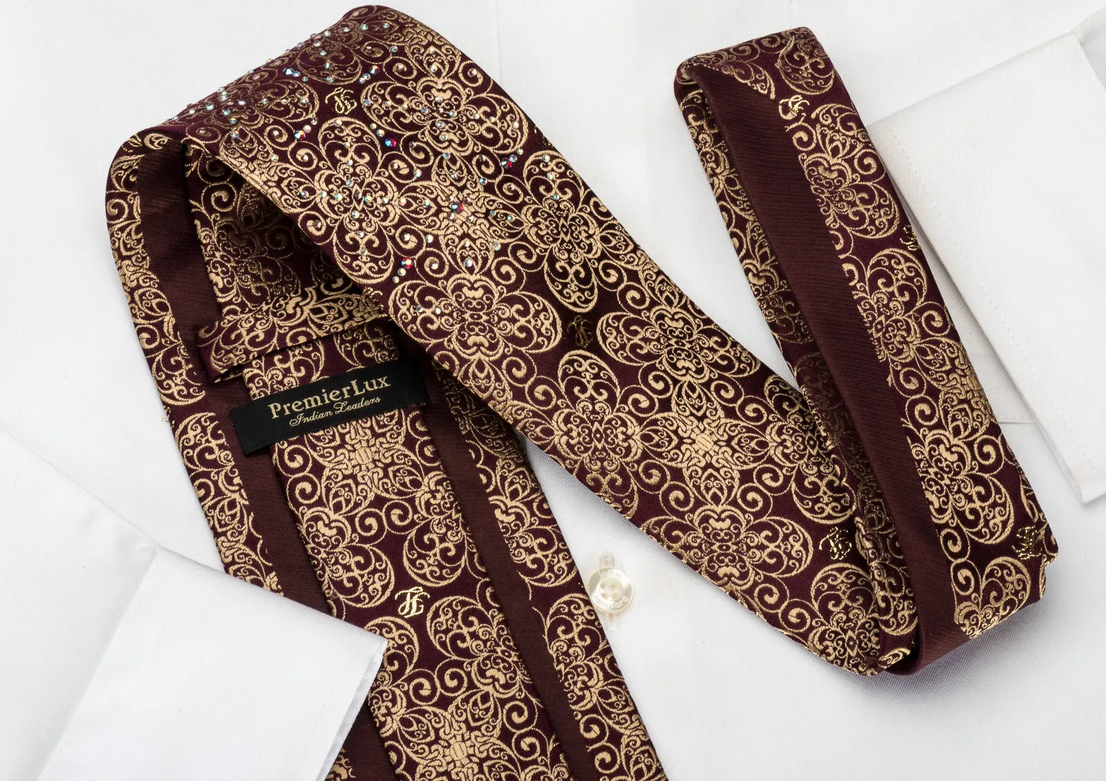 Premierlux Silk Necktie Golden Filigree On Dark Brown Sparkling With Rhinestones