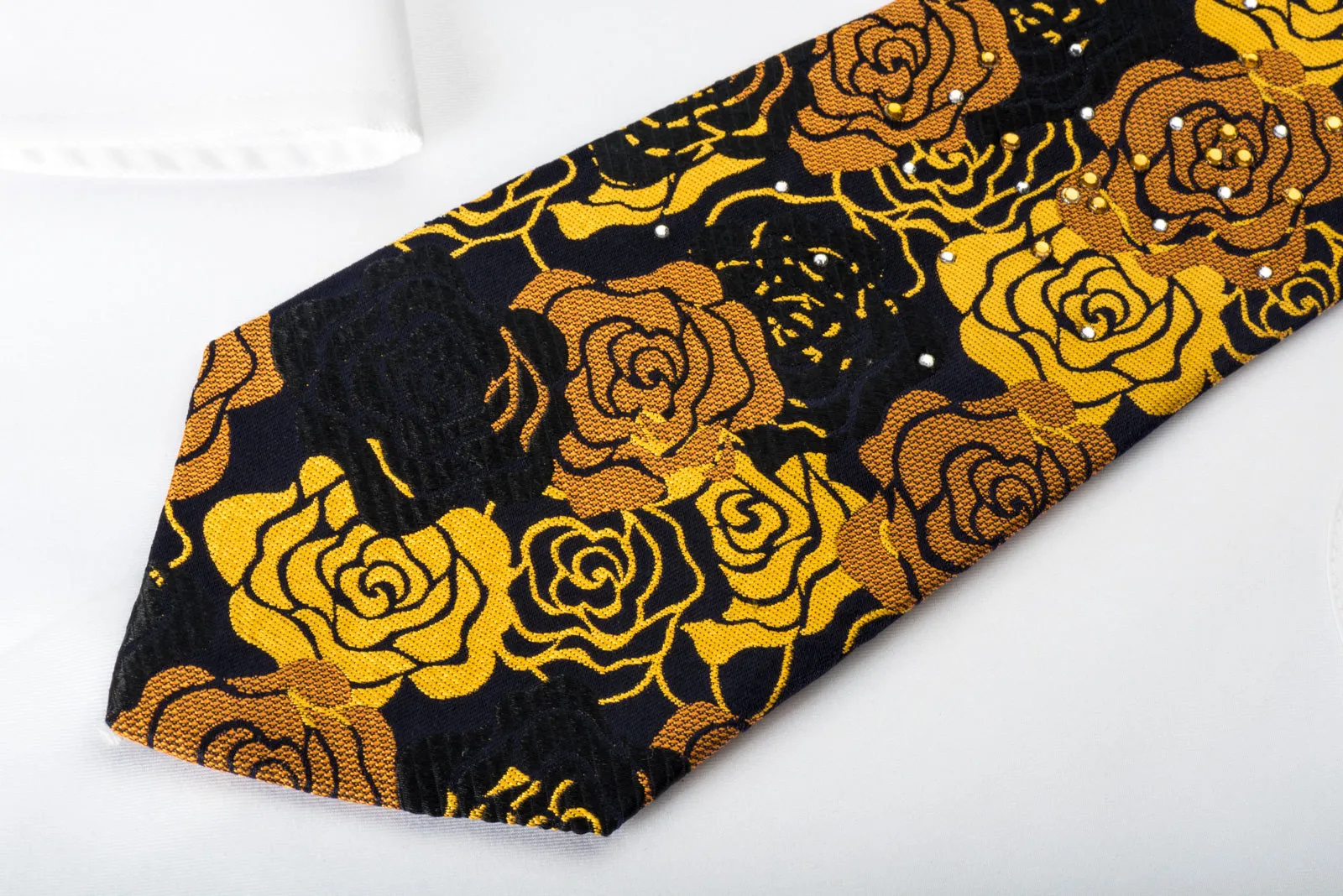 Rogers Dail Silk Necktie Golden Floral Roses On Black With Sparkling Rhinestones