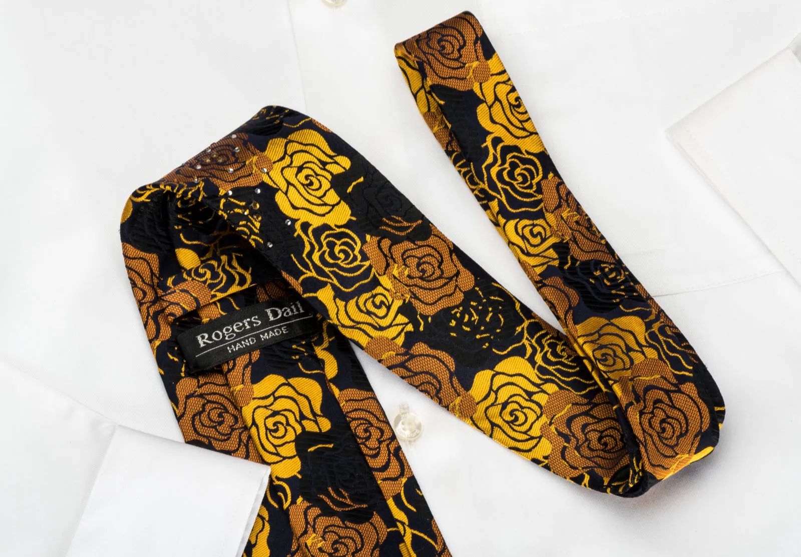 Rogers Dail Silk Necktie Golden Floral Roses On Black With Sparkling Rhinestones