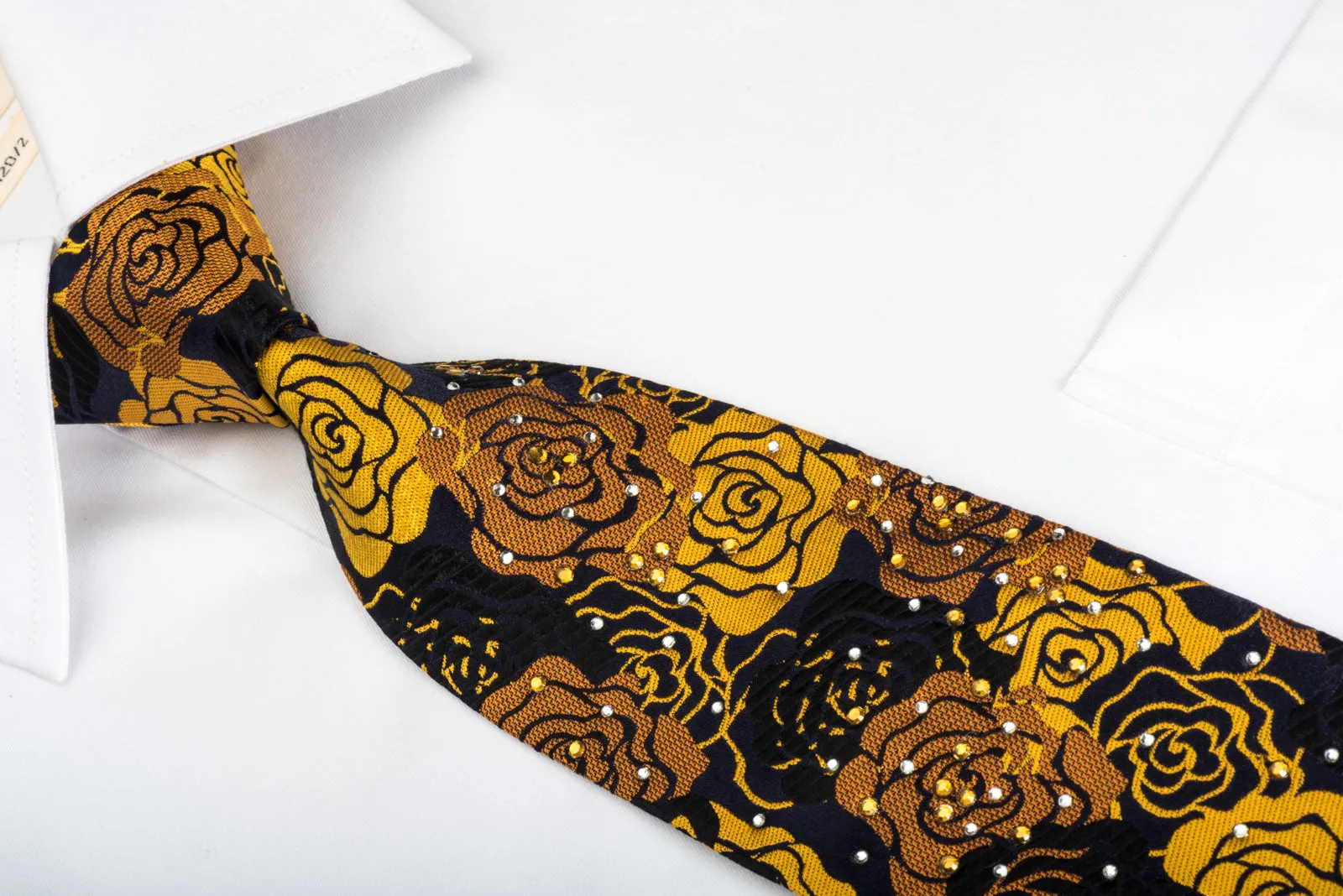 Rogers Dail Silk Necktie Golden Floral Roses On Black With Sparkling Rhinestones