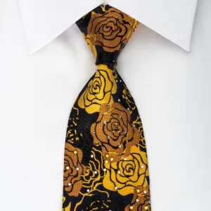 Rogers Dail Silk Necktie Golden Floral Roses On Black With Sparkling Rhinestones