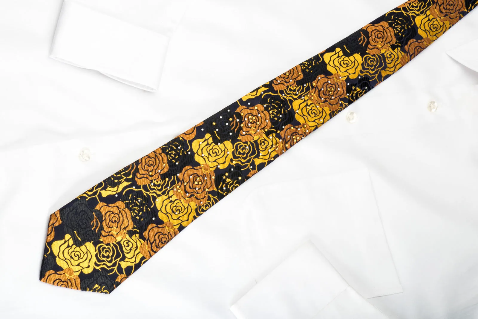 Rogers Dail Silk Necktie Golden Floral Roses On Black With Sparkling Rhinestones