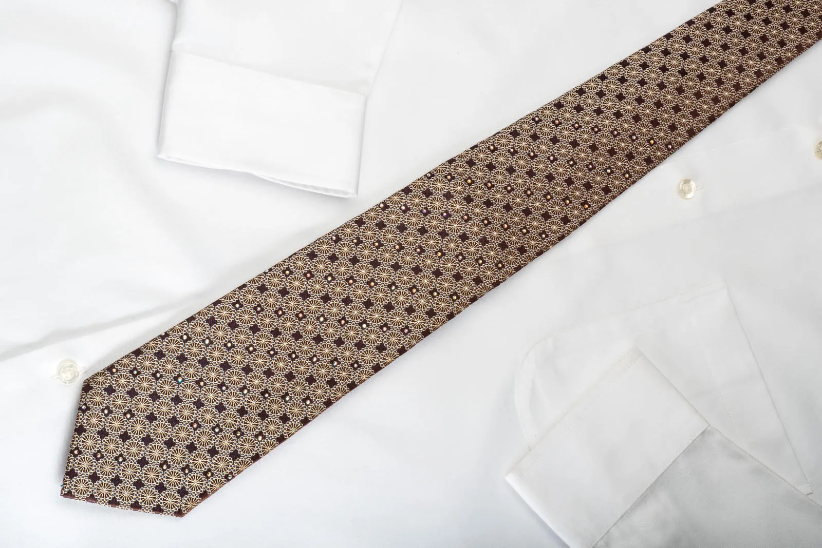 Roygen Silk Necktie Medallions On Brown With Rhinestones