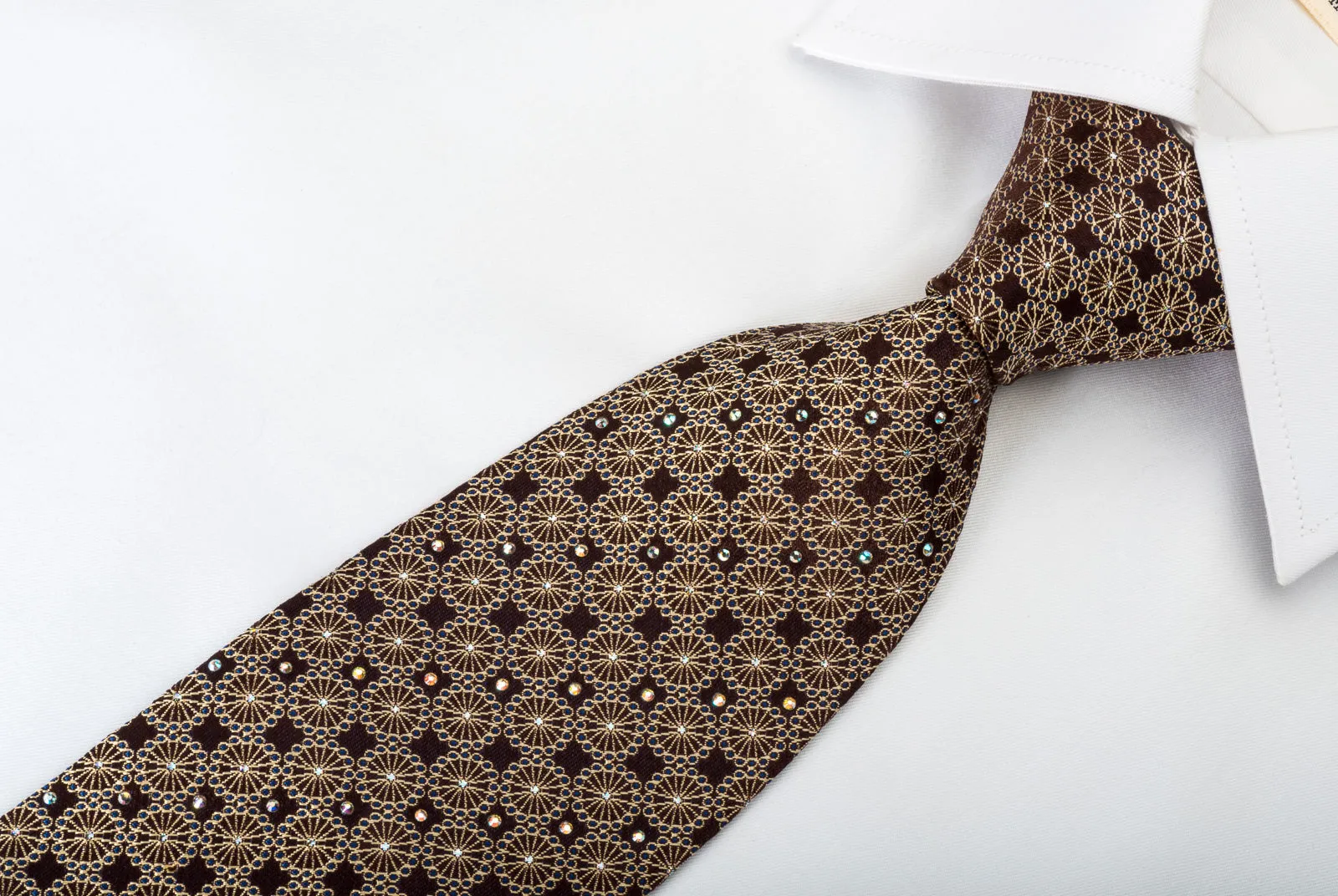 Roygen Silk Necktie Medallions On Brown With Rhinestones