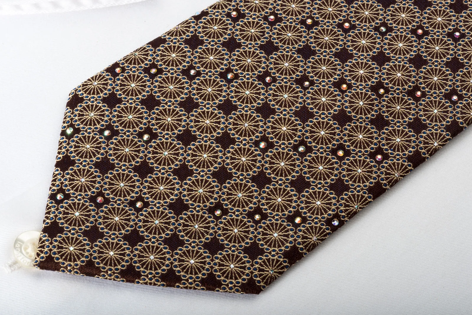 Roygen Silk Necktie Medallions On Brown With Rhinestones