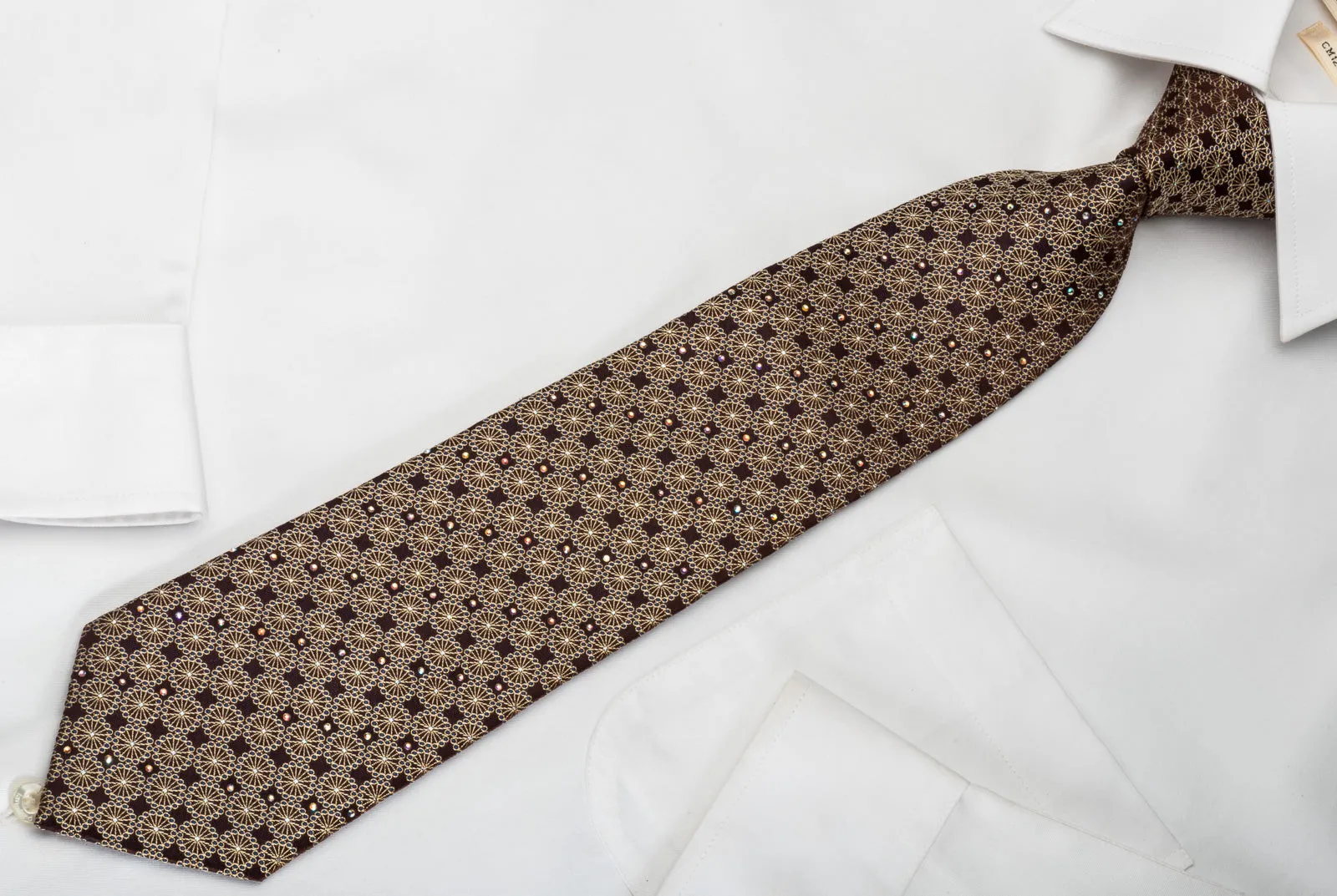 Roygen Silk Necktie Medallions On Brown With Rhinestones