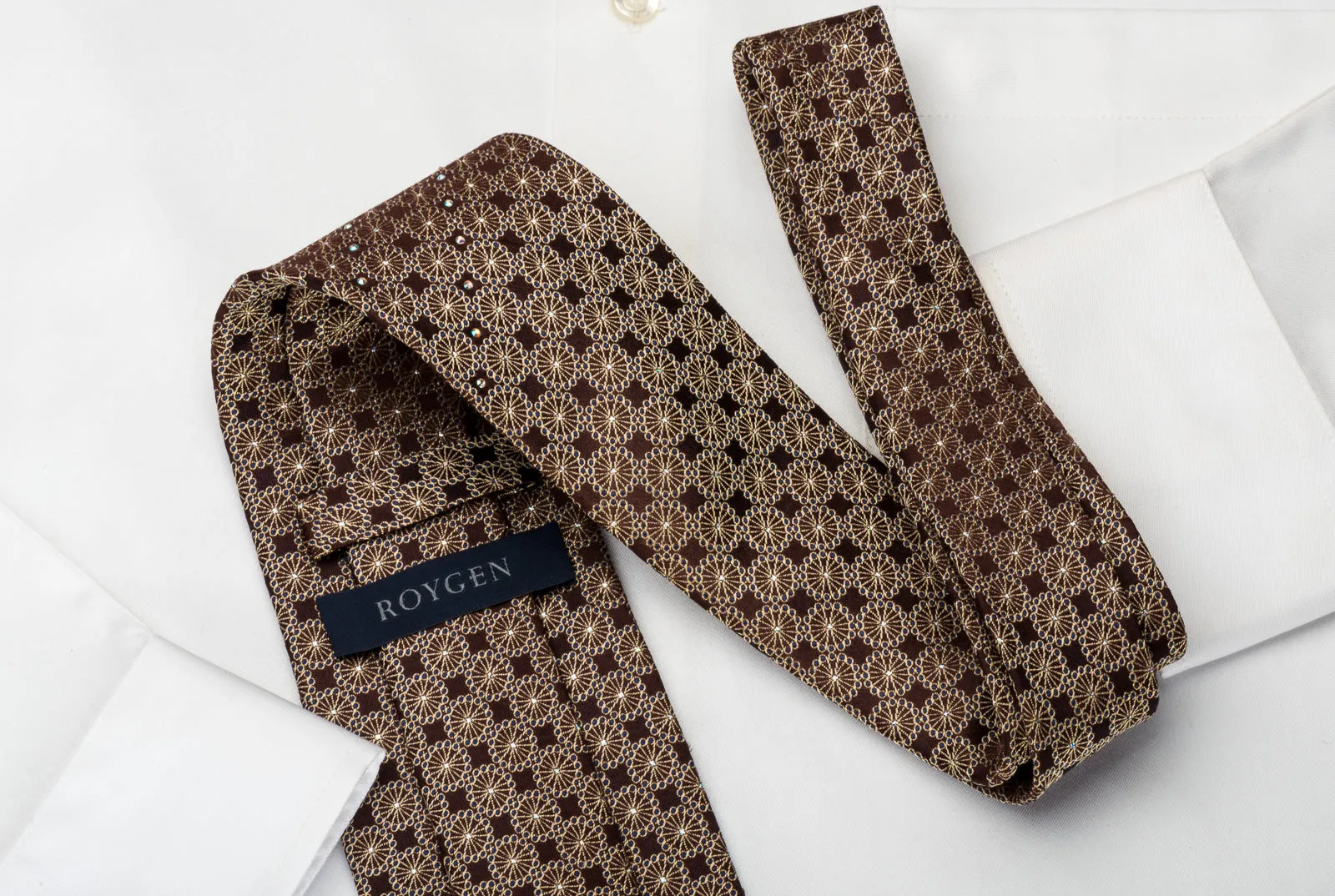 Roygen Silk Necktie Medallions On Brown With Rhinestones