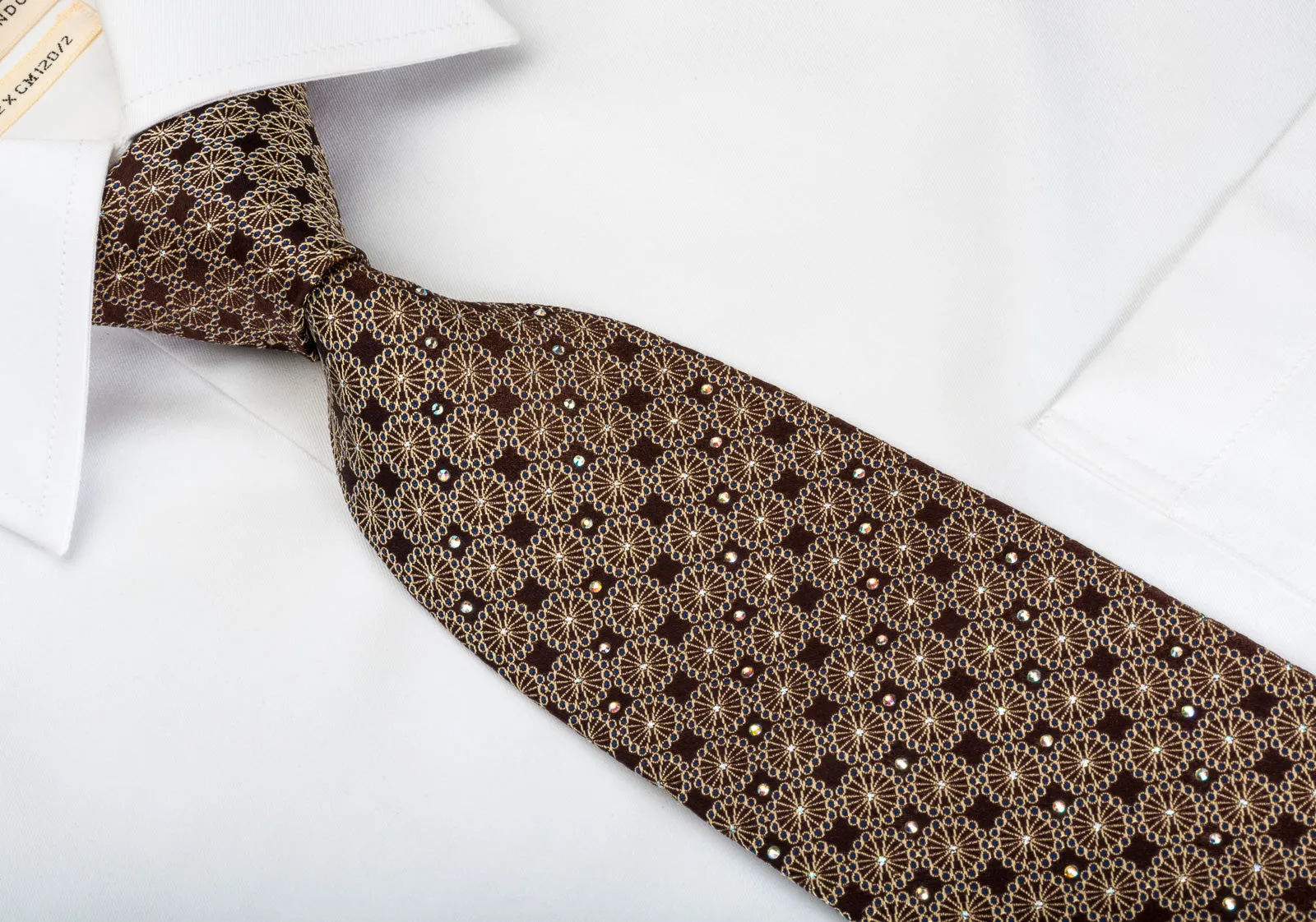 Roygen Silk Necktie Medallions On Brown With Rhinestones