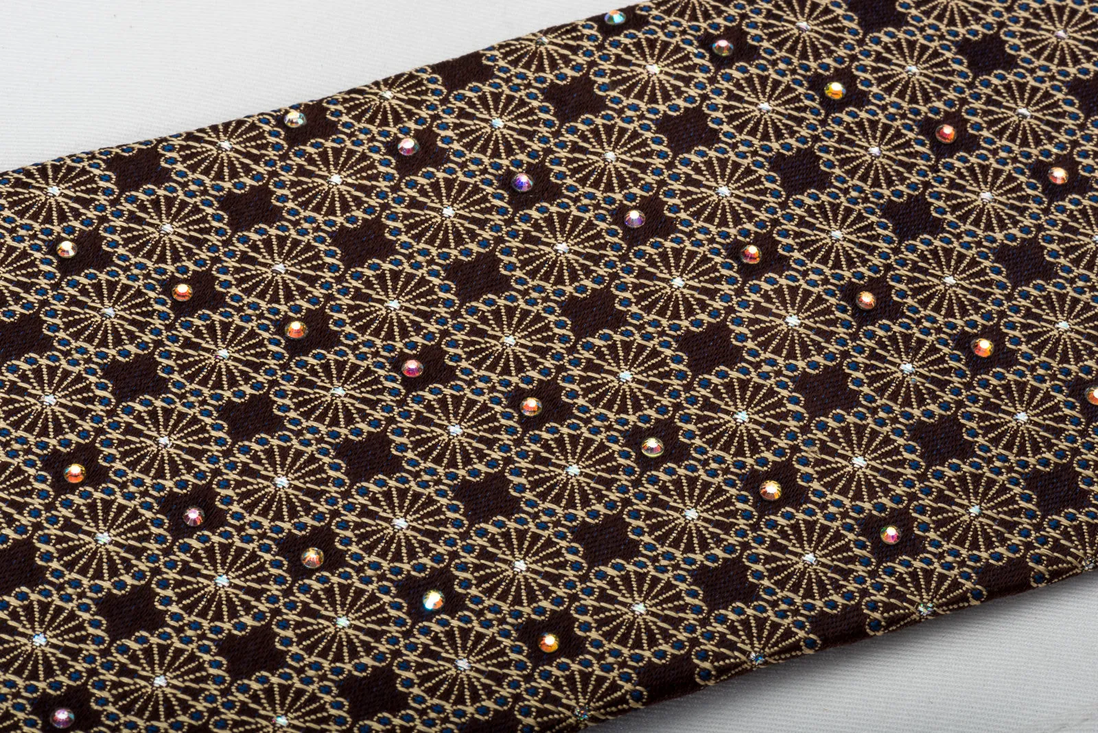 Roygen Silk Necktie Medallions On Brown With Rhinestones