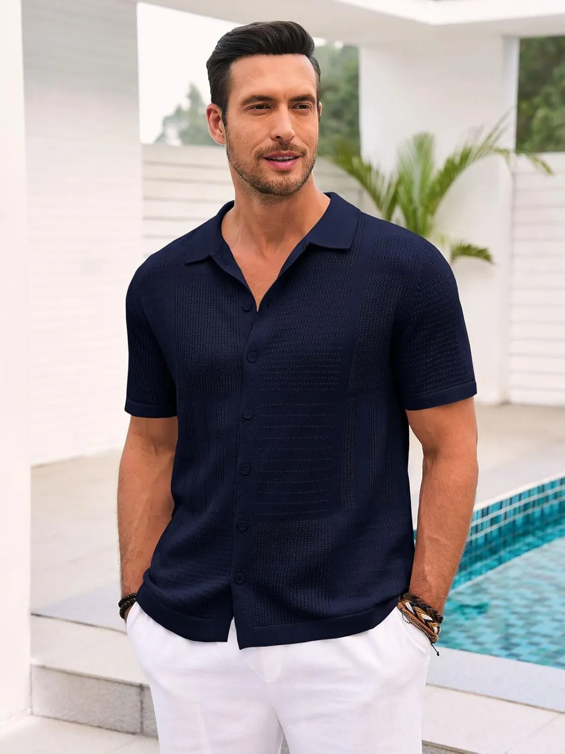 Runcati Mens Knit Button Down Shirt Casual Short Sleeve Cotton Polo Shirt Hollow Out Summer Beach Tops