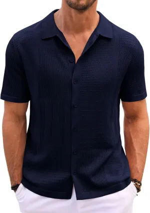Runcati Mens Knit Button Down Shirt Casual Short Sleeve Cotton Polo Shirt Hollow Out Summer Beach Tops
