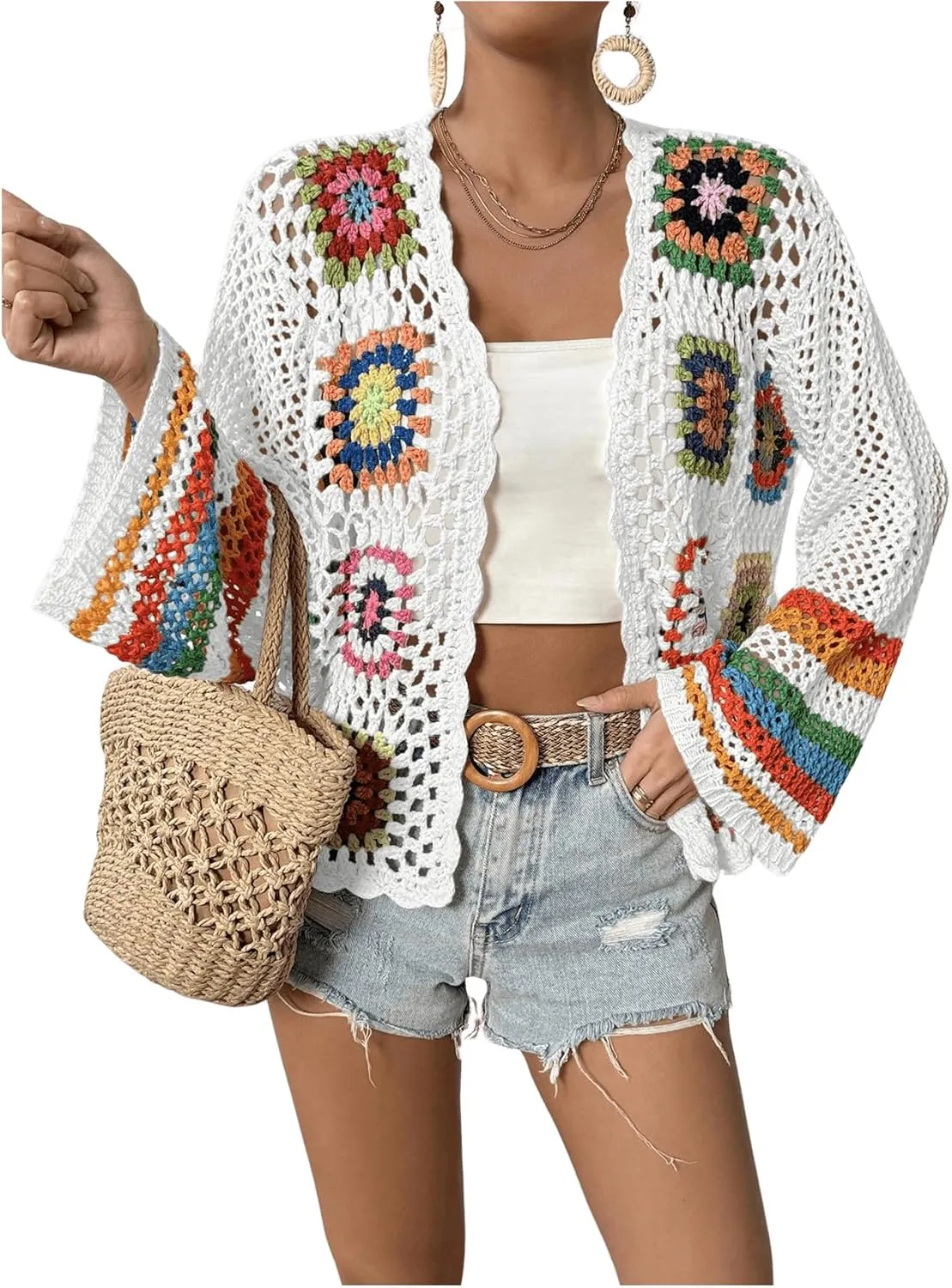 SHENHE Women's Floral Crochet Cardigan Hollow Out Open Front Long Sleeve Cardigan Sweater