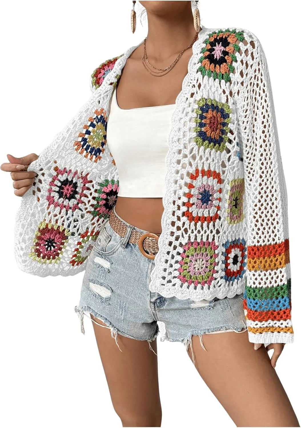 SHENHE Women's Floral Crochet Cardigan Hollow Out Open Front Long Sleeve Cardigan Sweater