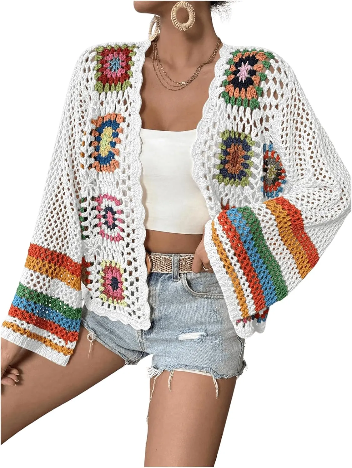 SHENHE Women's Floral Crochet Cardigan Hollow Out Open Front Long Sleeve Cardigan Sweater