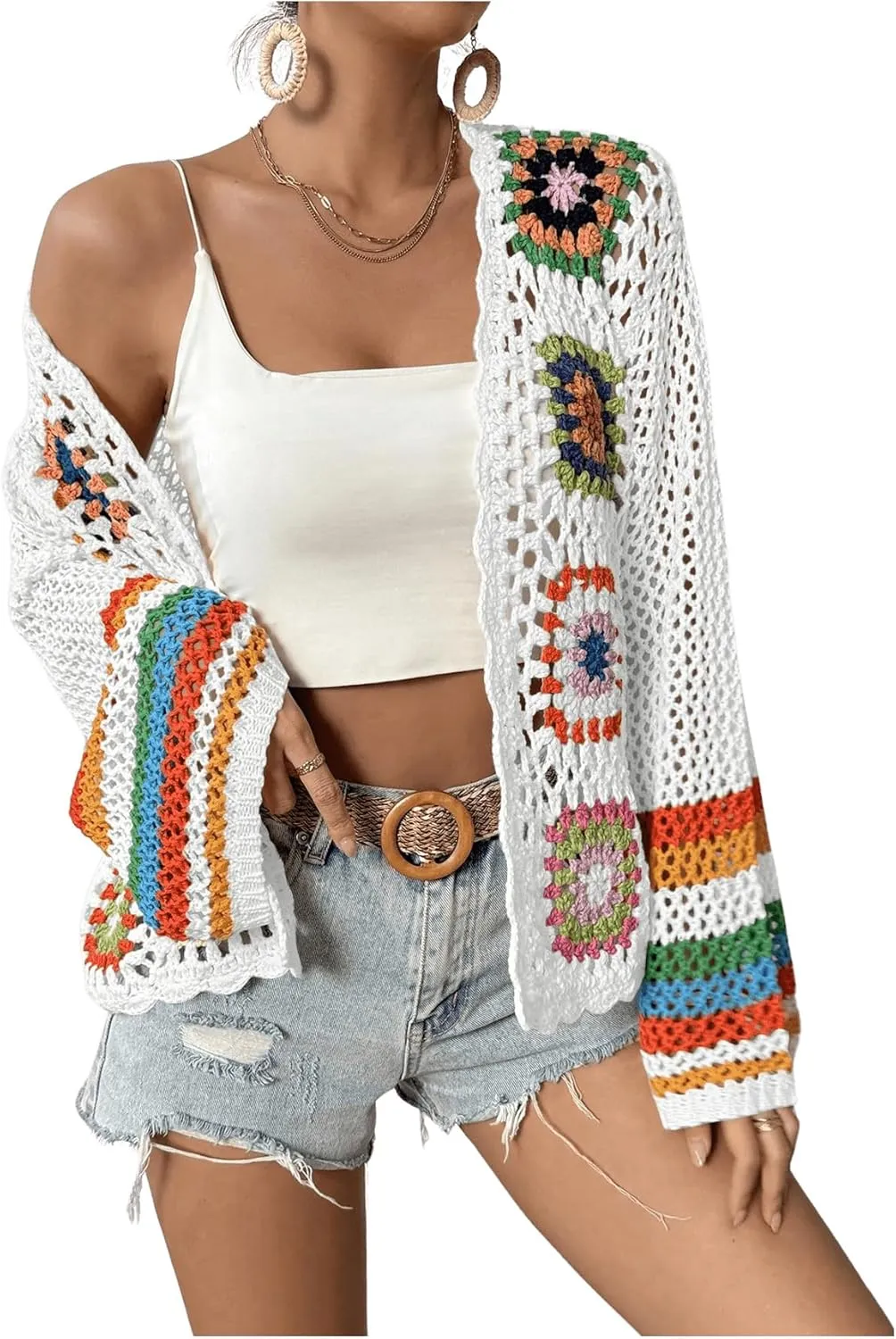 SHENHE Women's Floral Crochet Cardigan Hollow Out Open Front Long Sleeve Cardigan Sweater