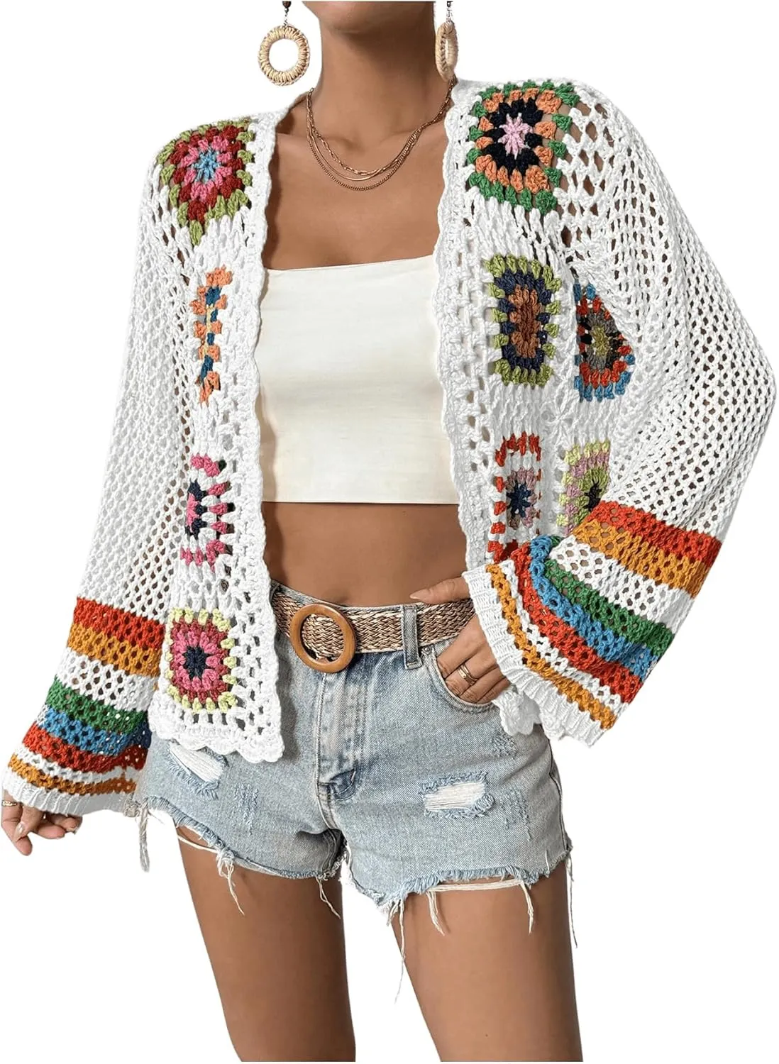 SHENHE Women's Floral Crochet Cardigan Hollow Out Open Front Long Sleeve Cardigan Sweater