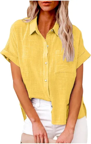 TANGNADE Oversized Linen Button Down Women Short Sleeve Shirts Collared Plus Size Boyfriend Loose Blouse with Front Pocket
