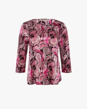 Wilfred  ¾ Sleeve Stretch Silk Printed Top, Dk. Red/ Pink/ Fuschia