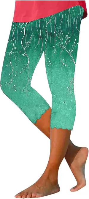 Women Capri Leggings Fashion Print High Waist Tummy Control Slim Yoga Cropped Trousers Stretchy Workout Outfits