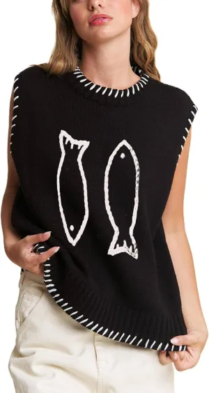 Women Graphic Sweater Vest Y2k Sleeveless Lobster Pullover Top Crew Neck Lightweight Fall Knit Tank Top