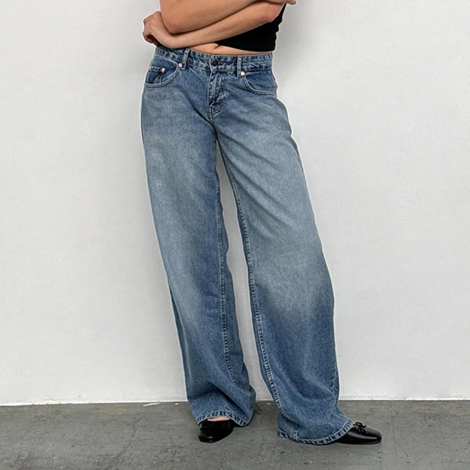 Women Jeans Low Rise Baggy Straight Wide Leg Jeans Vintage Casual Y2K Loose Boyfriend Denim Pants with Pockets