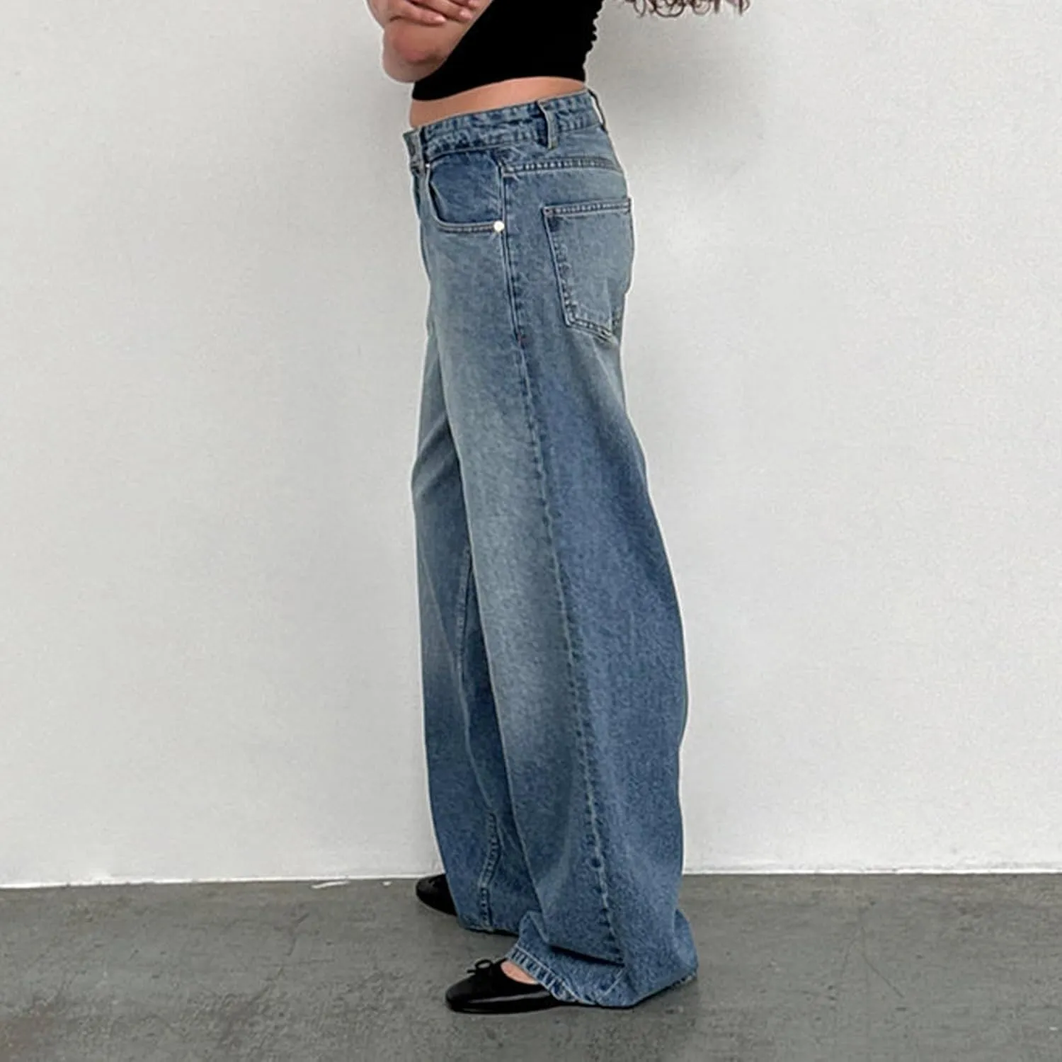 Women Jeans Low Rise Baggy Straight Wide Leg Jeans Vintage Casual Y2K Loose Boyfriend Denim Pants with Pockets