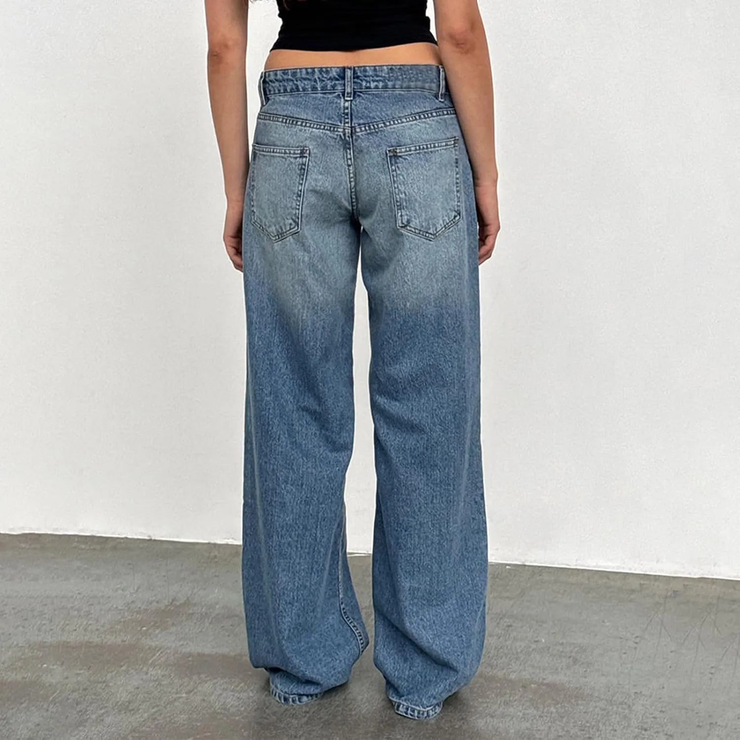 Women Jeans Low Rise Baggy Straight Wide Leg Jeans Vintage Casual Y2K Loose Boyfriend Denim Pants with Pockets