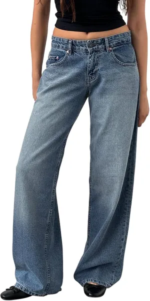 Women Jeans Low Rise Baggy Straight Wide Leg Jeans Vintage Casual Y2K Loose Boyfriend Denim Pants with Pockets